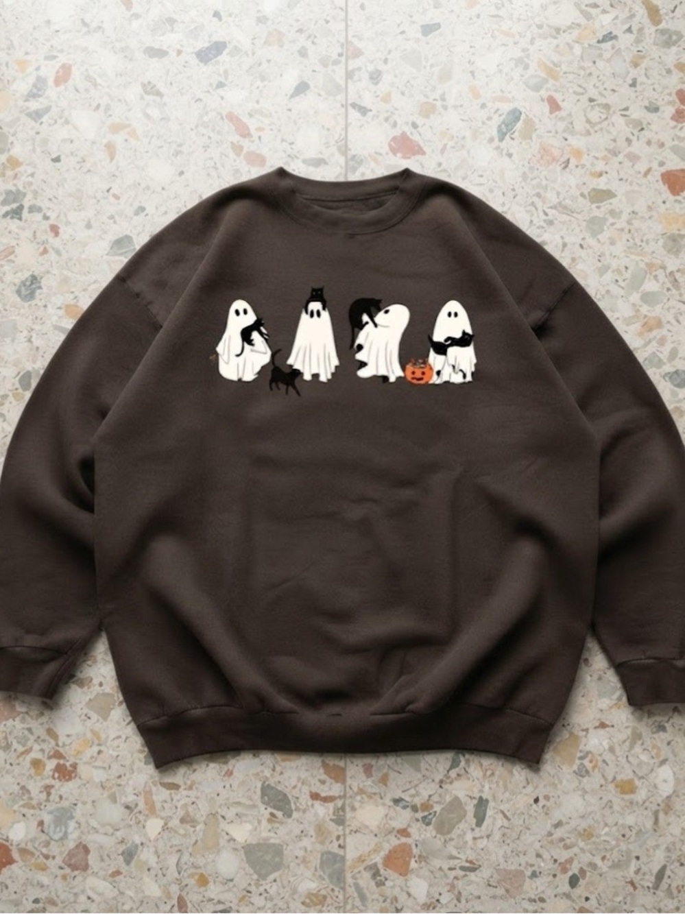 Cute Ghost Cats Pumpkin Halloween Gildan Sweatshirt Brown